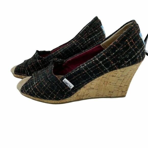 Toms Emma Classic Pump Wedge Heels Shoes Multicolor Plaid Slip On 8 M